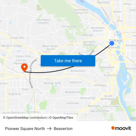 Pioneer Square North to Beaverton map