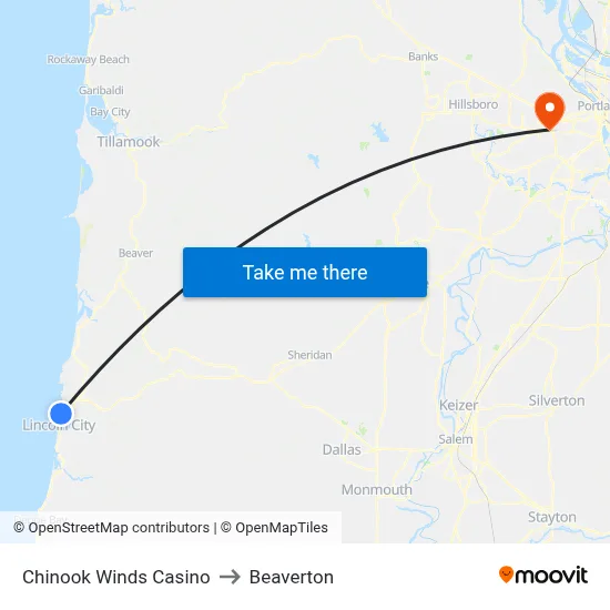 Chinook Winds Casino to Beaverton map