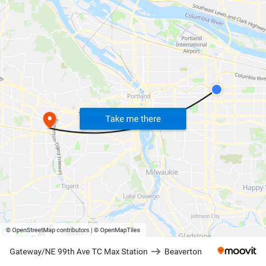 Gateway/NE 99th Ave TC Max Station to Beaverton map