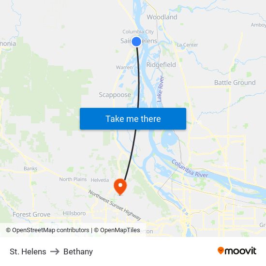 St. Helens to Bethany map