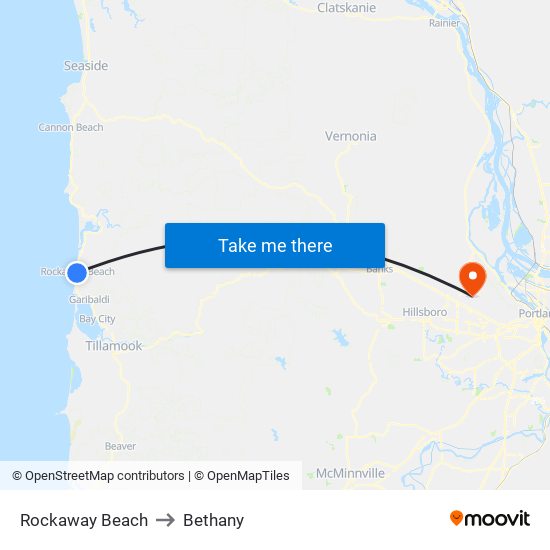 Rockaway Beach to Bethany map
