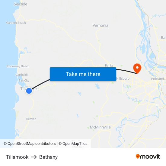 Tillamook to Bethany map