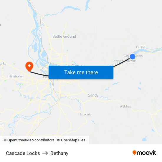 Cascade Locks to Bethany map