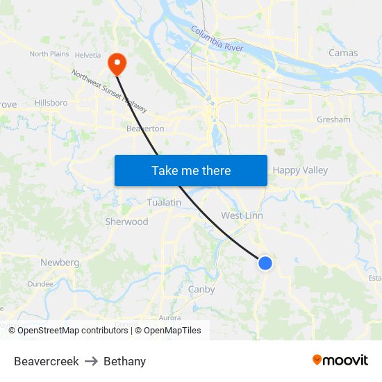 Beavercreek to Bethany map