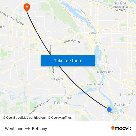 West Linn to Bethany map