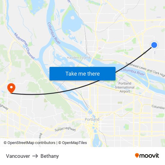 Vancouver to Bethany map