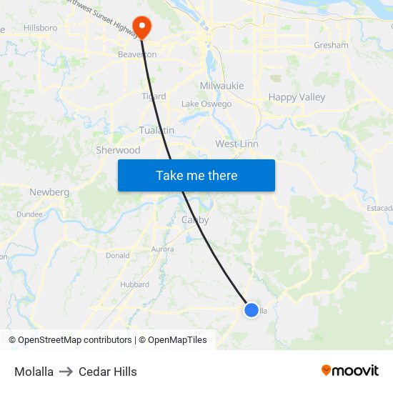 Molalla to Cedar Hills map