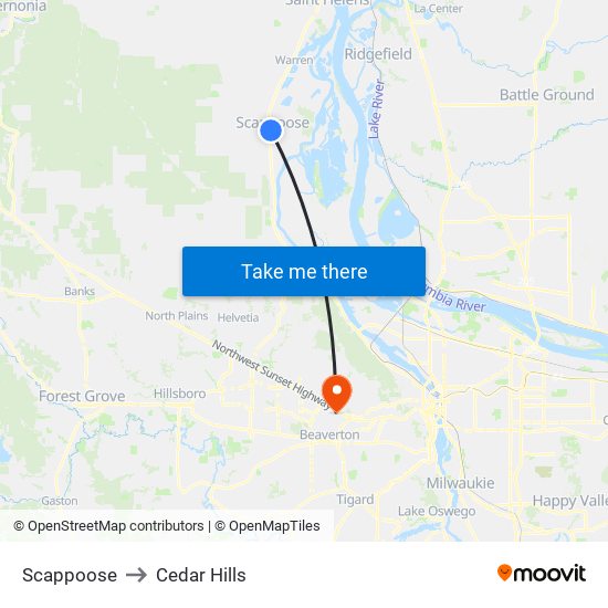 Scappoose to Cedar Hills map