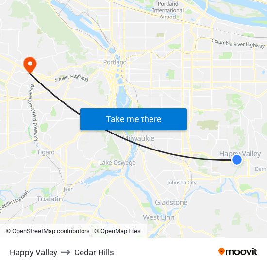 Happy Valley to Cedar Hills map