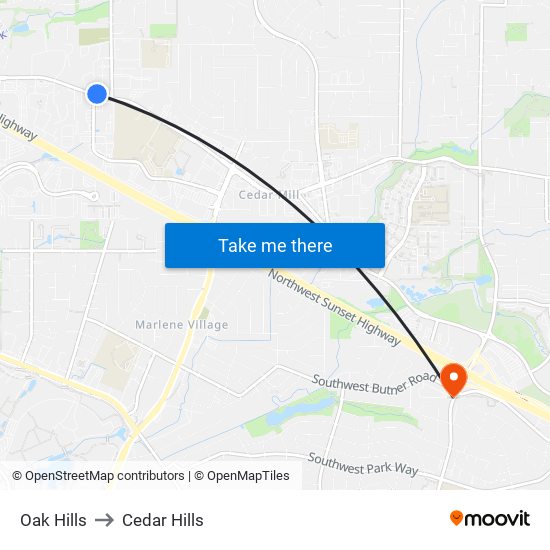 Oak Hills to Cedar Hills map