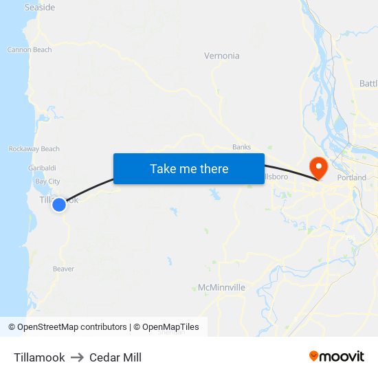 Tillamook to Cedar Mill map