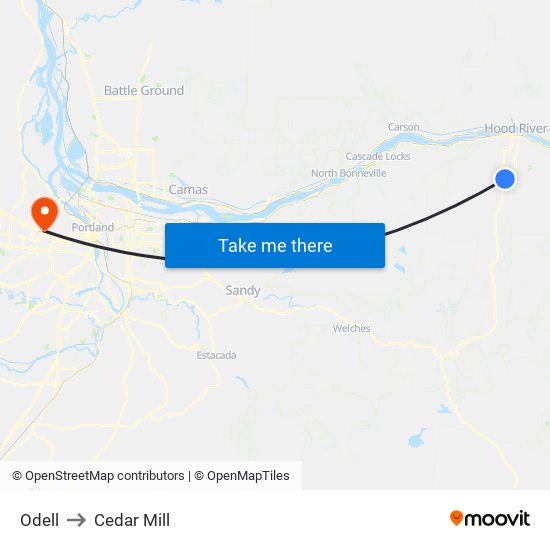 Odell to Cedar Mill map