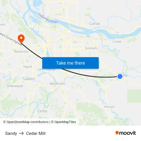 Sandy to Cedar Mill map