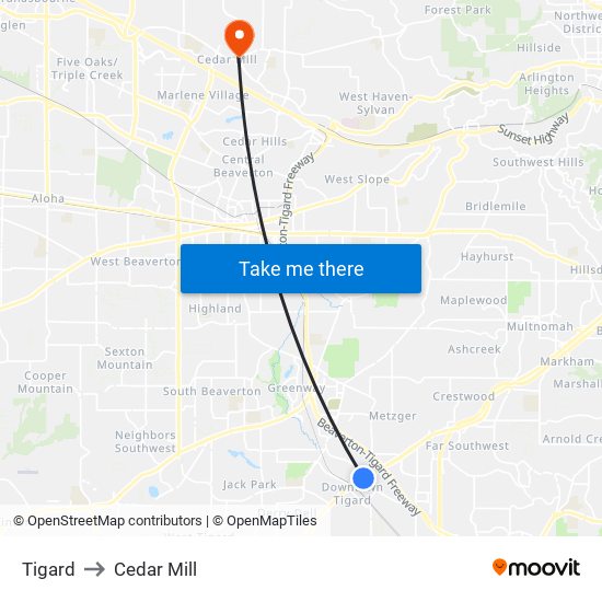 Tigard to Cedar Mill map