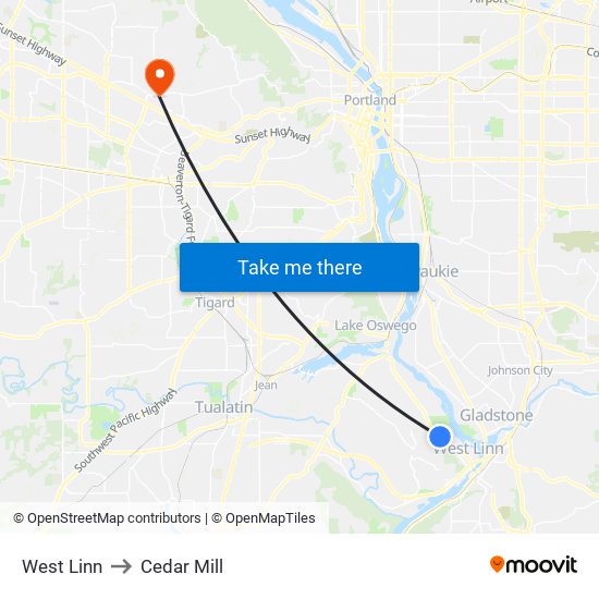 West Linn to Cedar Mill map
