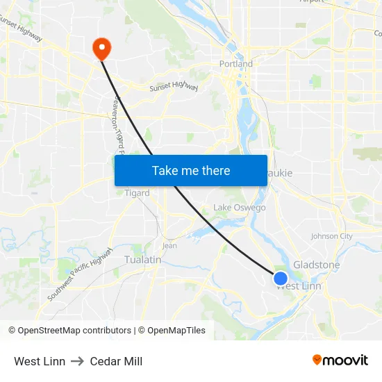 West Linn to Cedar Mill map