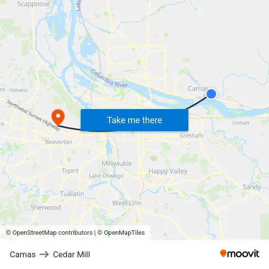 Camas to Cedar Mill map