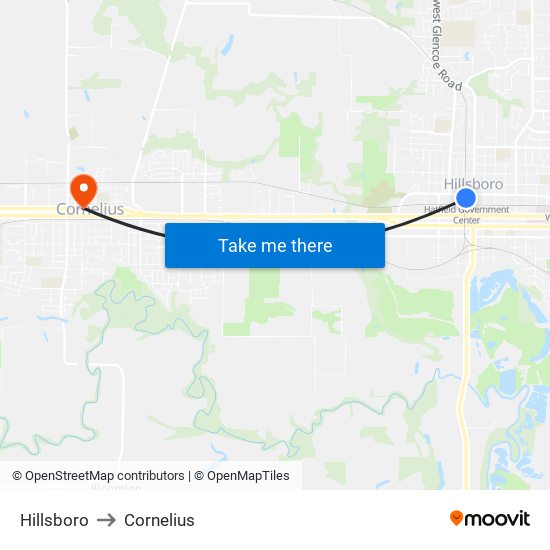 Hillsboro to Cornelius map