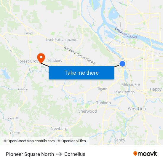 Pioneer Square North to Cornelius map