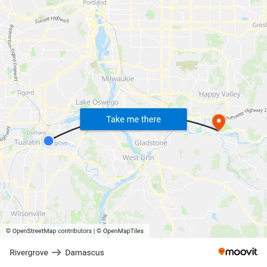 Rivergrove to Damascus map