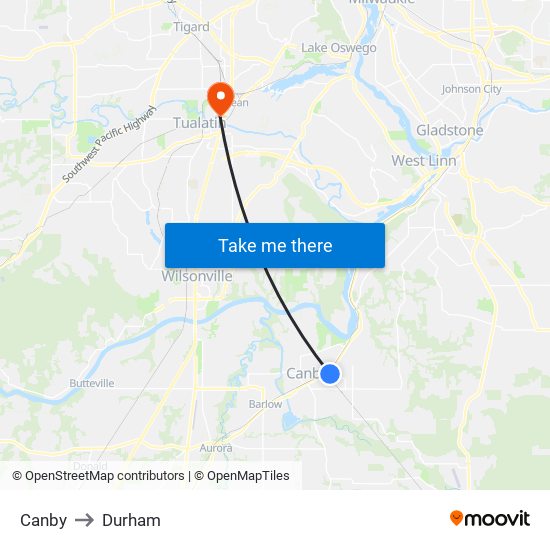 Canby to Durham map