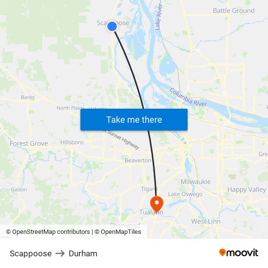 Scappoose to Durham map