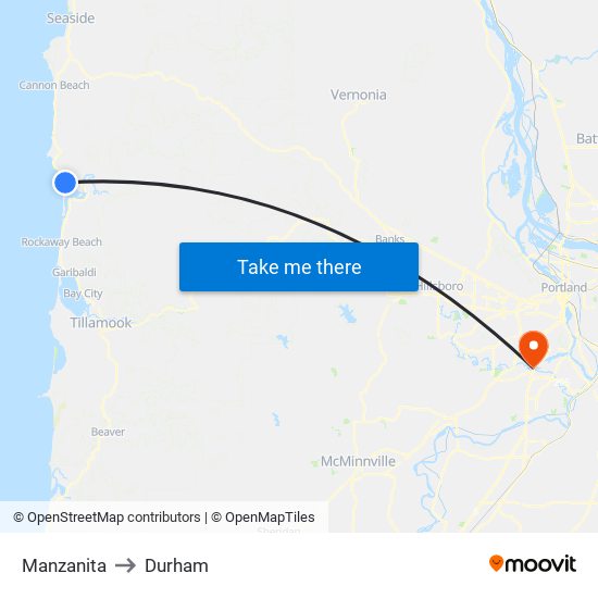 Manzanita to Durham map