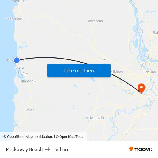 Rockaway Beach to Durham map