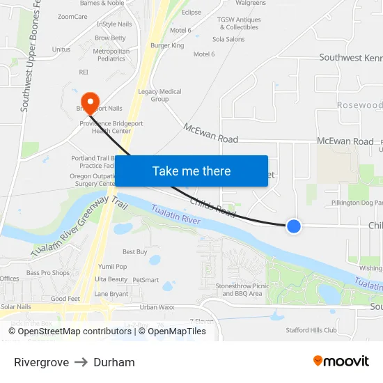 Rivergrove to Durham map