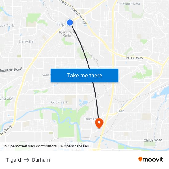 Tigard to Durham map