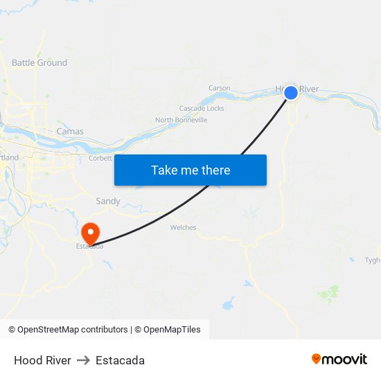 Hood River to Estacada map