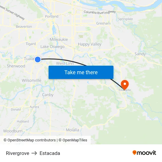 Rivergrove to Estacada map