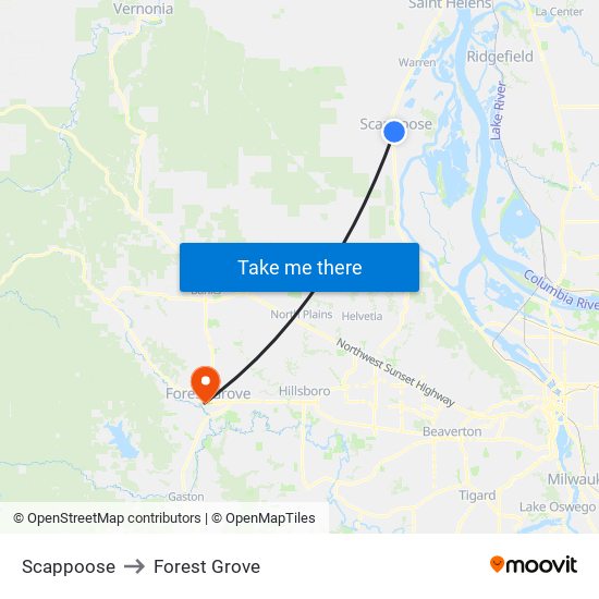 Scappoose to Forest Grove map