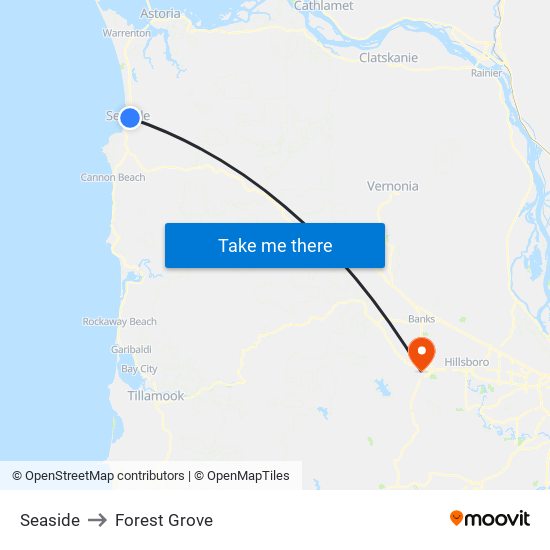Seaside to Forest Grove map