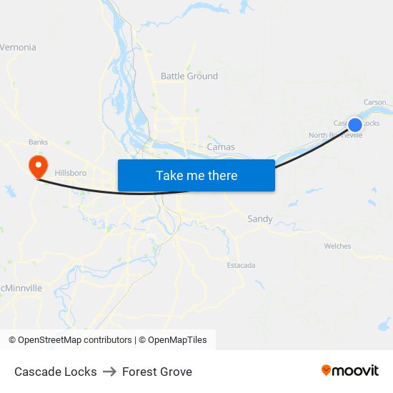 Cascade Locks to Forest Grove map