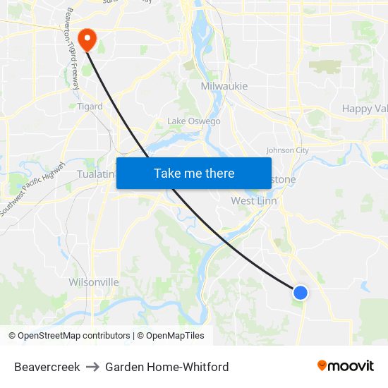Beavercreek to Garden Home-Whitford map