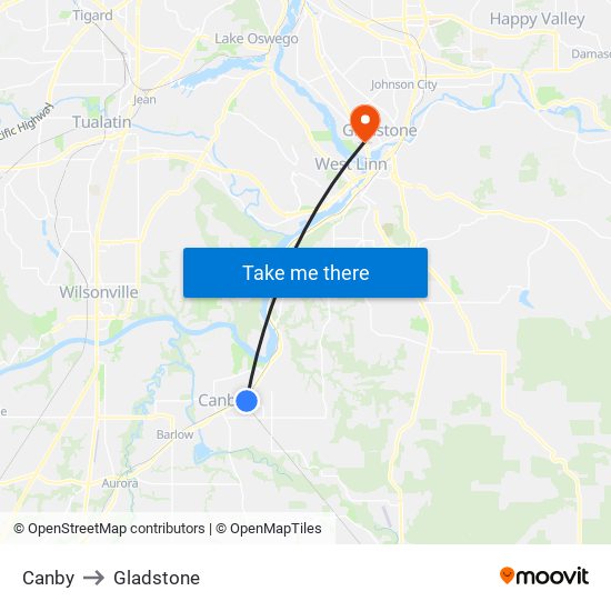 Canby to Gladstone map