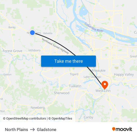 North Plains to Gladstone map