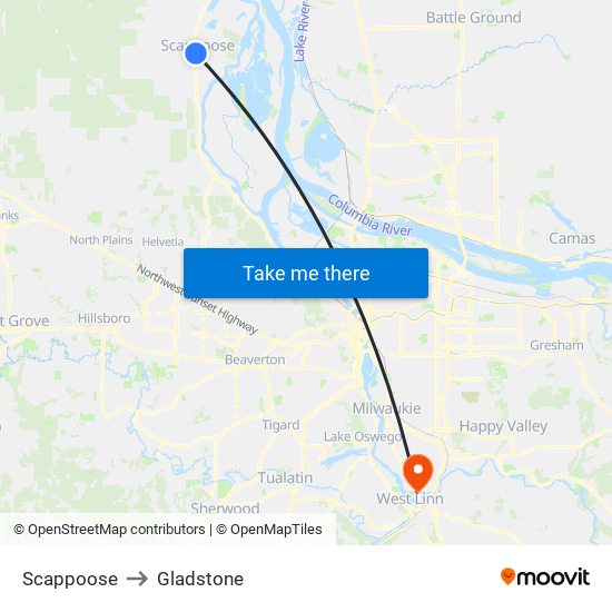 Scappoose to Gladstone map