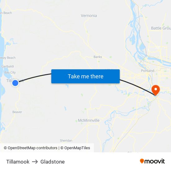 Tillamook to Gladstone map
