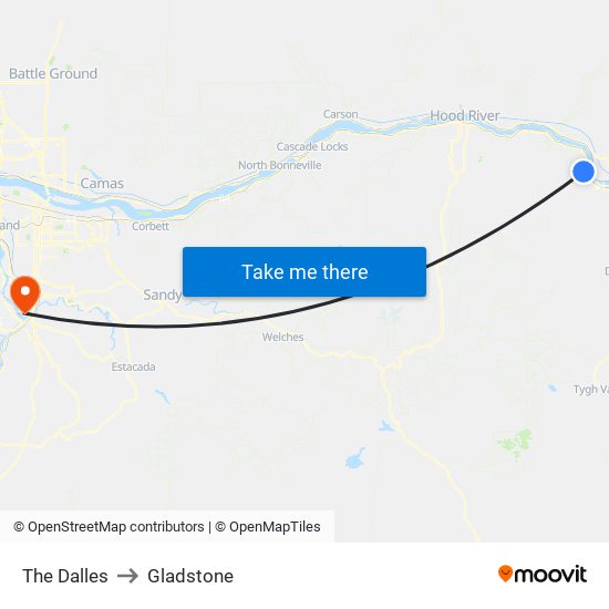 The Dalles to Gladstone map