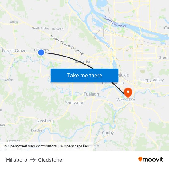 Hillsboro to Gladstone map