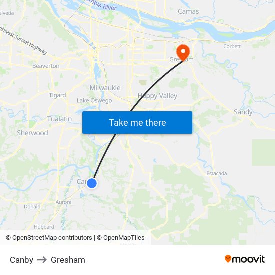Canby to Gresham map
