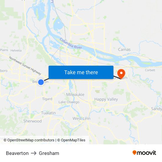 Beaverton to Gresham map