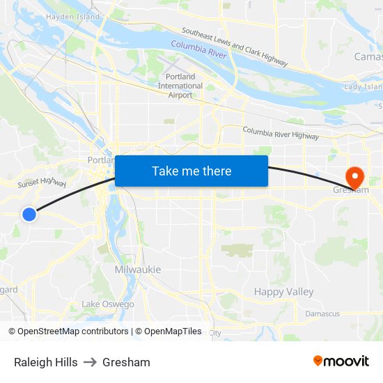 Raleigh Hills to Gresham map