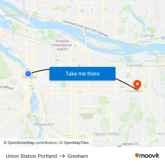 Union Station Portland to Gresham map