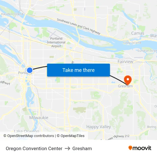 Oregon Convention Center to Gresham map