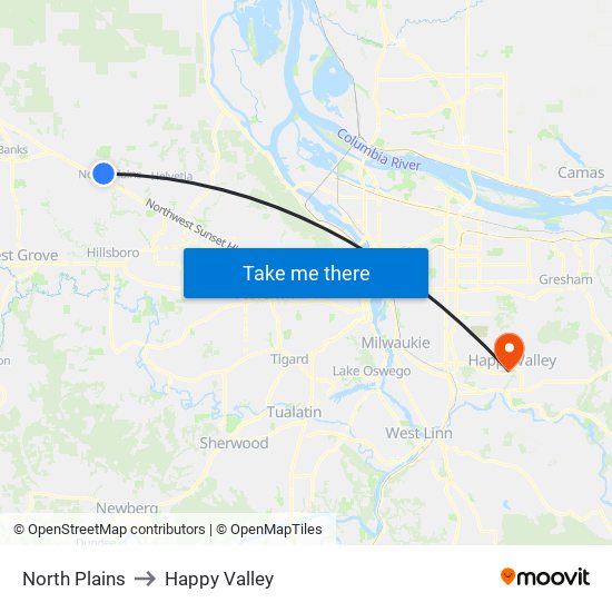 North Plains to Happy Valley map
