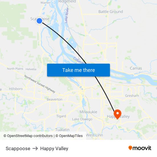 Scappoose to Happy Valley map
