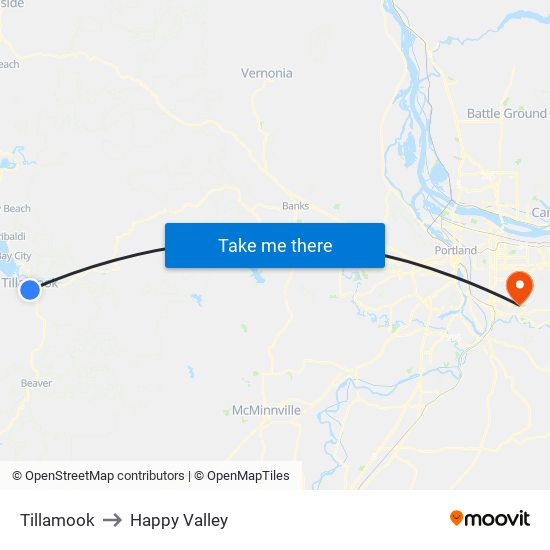 Tillamook to Happy Valley map